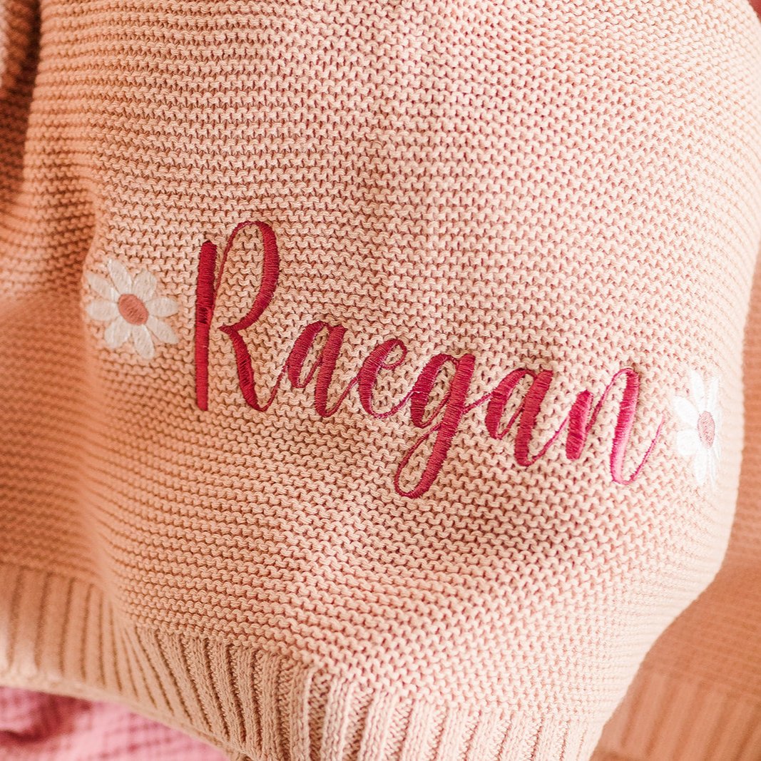 Raegan Daisy Baby Name Knit Blanket