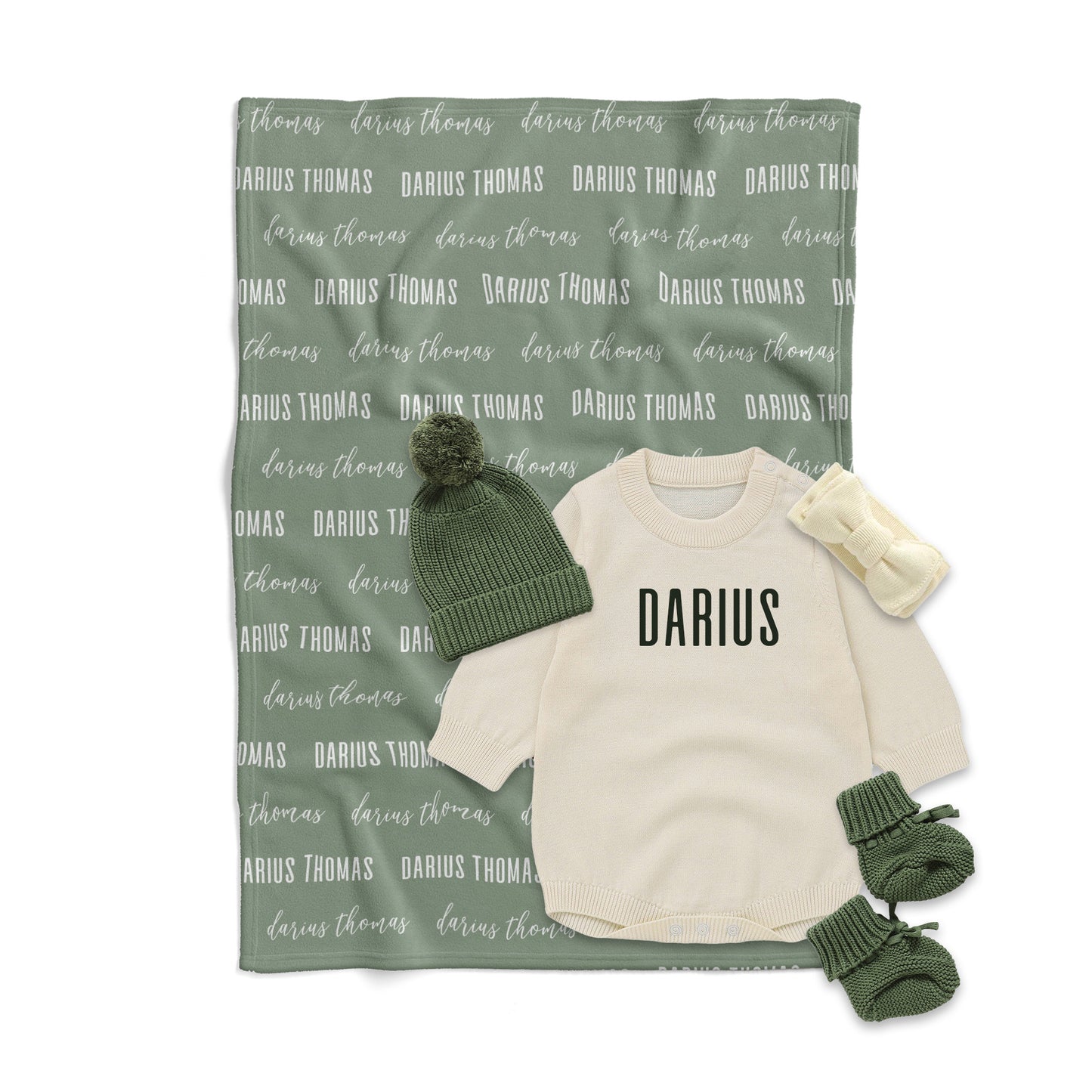 Romper, Booties, Hat or Bow and swaddle blanket: Ideal Model - Newborn to 2 months