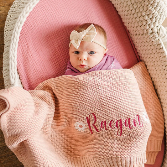 Raegan Daisy Baby Name Knit Blanket