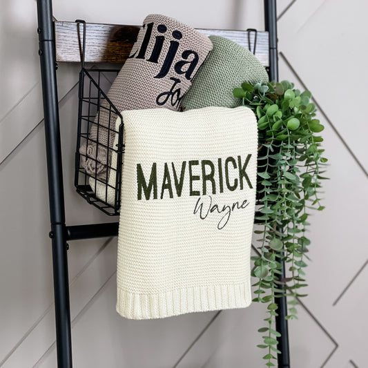 Maverick Wayne Baby Name Knit Blanket